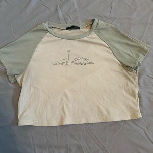 Cropped Dinosaur Graphic Tee - Green and Cream
